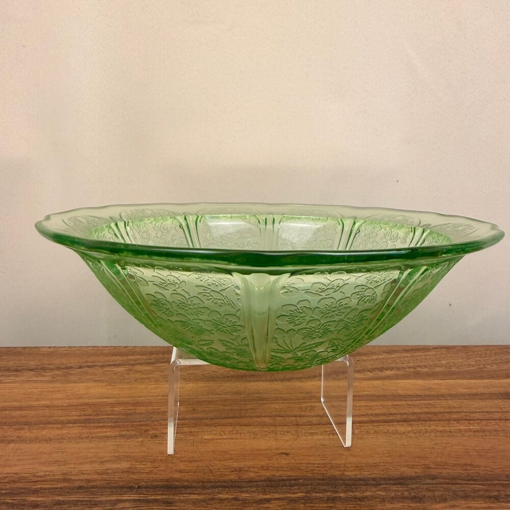 Vintage Jeanette Glass Cherry Blossom Green Uranium Depression Glass Bowl 8.5"
